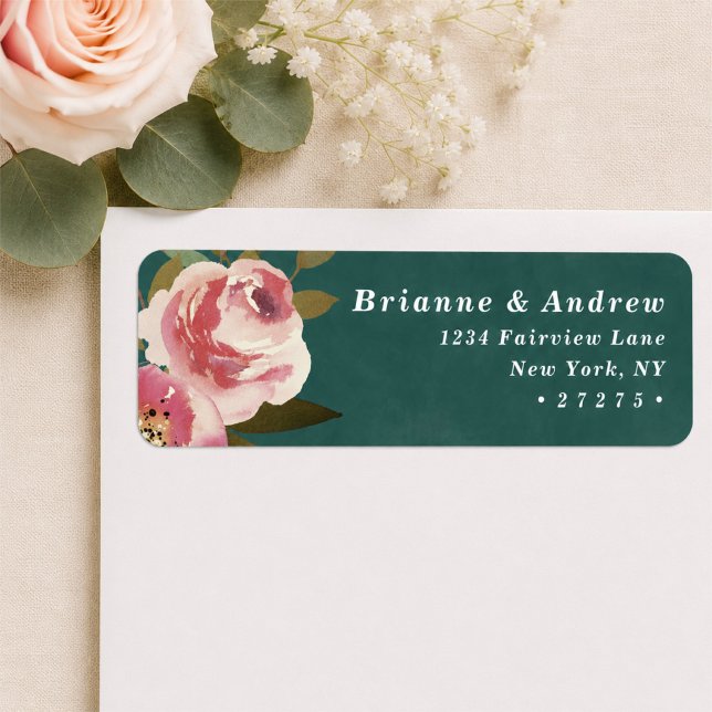 Aufkleber mit Rücksendeadresse in blühendem Chic T (Elegant dark teal and pink floral return address labels)