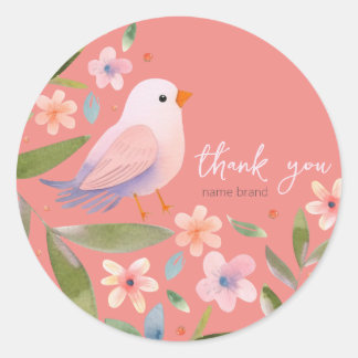 Aufkleber mit Vogel und Blume auf rosa Untergrund