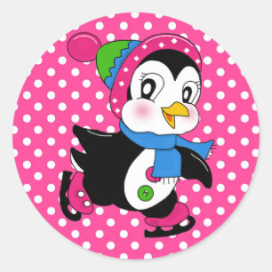 Aufkleber/Pinguin und Polka-Punkte Runder Aufkleber