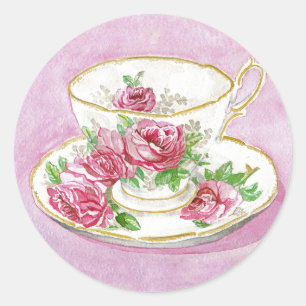 Aufkleber - rosa RoseblumenTeacup u. Saucer