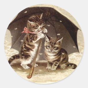 Aufkleber Vintage Katzen spielen unter Regenschirm