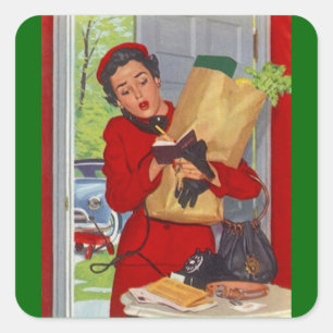 AUFKLEBER Vintage Retro Vorstadthausfrau-Quadrate