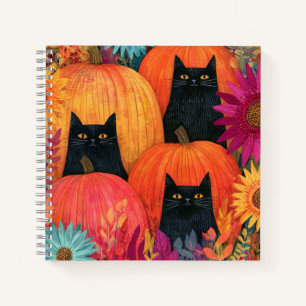 Aufmerksame schwarze Katze Herbst-Kürbis-Patch Notizbuch