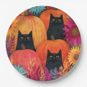 Aufmerksame schwarze Katze Herbst-Kürbis-Patch Pappteller