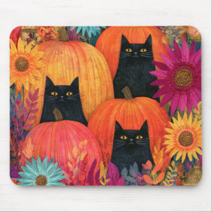 Aufmerksame schwarze Katze Herbst-Kürbisfeld Mousepad