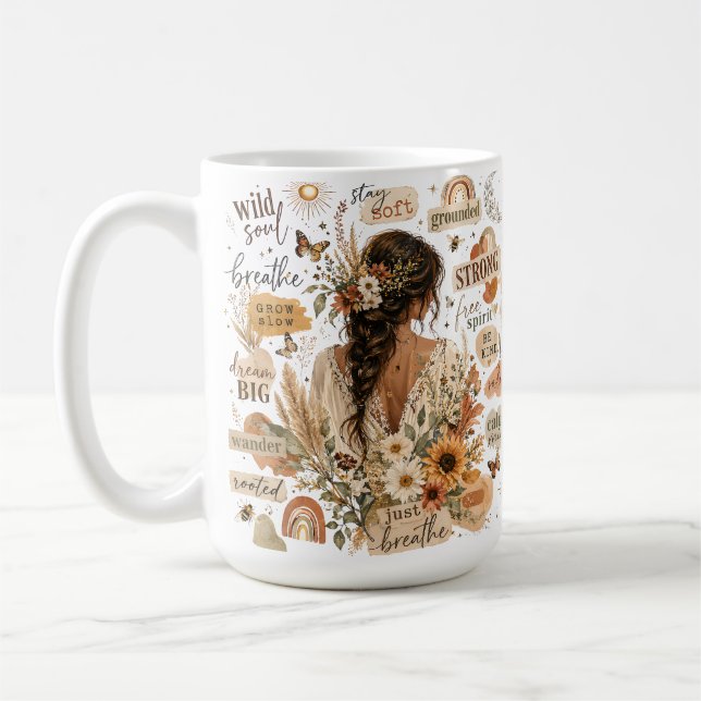 Aufmunternde florale Bejahung Aquarell Boho Chic Kaffeetasse (Links)