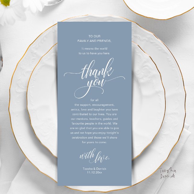 Aufnahmeplatz für Hochzeiten dank Karte (Modern Script Wedding Guest Dinner Reception Brunch Lunch Thank You Card in Warm Dusty Blue)