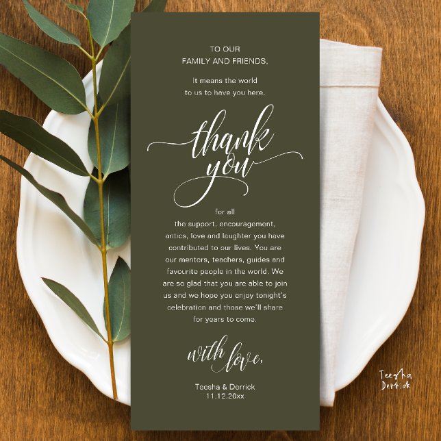 Aufnahmeplatz für Hochzeiten dank Karte (Modern Script Wedding Guest Dinner Reception Brunch Lunch Thank You Card in Olive Green)