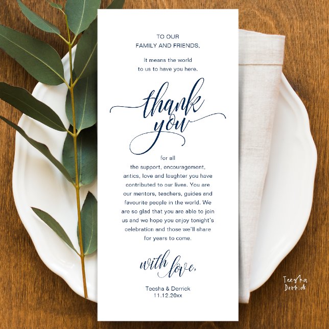 Aufnahmeplatz für Hochzeiten dank Karte (Modern Script Wedding Guest Dinner Reception Brunch Lunch Thank You Card in Classy Navy Blue)