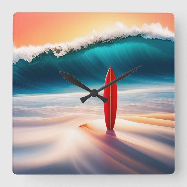 Aufrecht Surfbrett in Sand mit Wave Quadratische Wanduhr (Vorderseite)