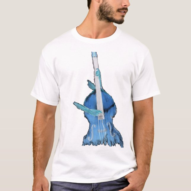 Aufrechter Baß, gespielt durch zwei Hände, blaue T-Shirt (Vorderseite)