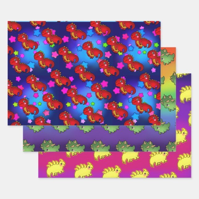 Aufregende Dinosaurier mit Regenbogen-Galaxy-Stern Geschenkpapier Set (Set)
