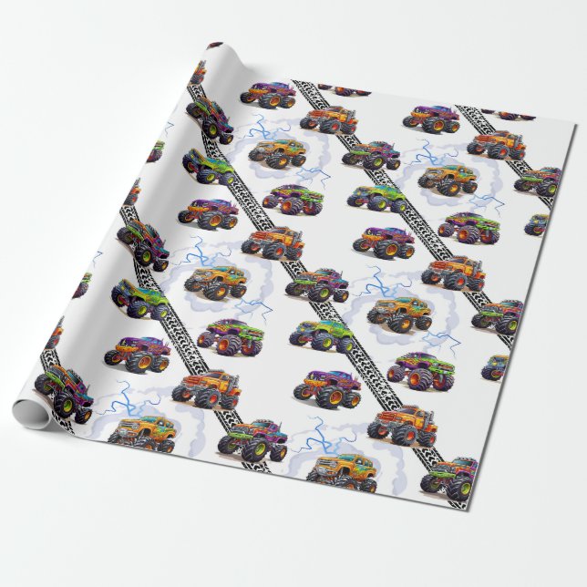 Aufregende Kids Monster Truckmuster Geschenkpapier (Ungerollt)