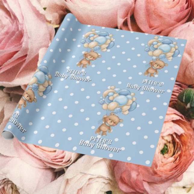 Aufregender Teddy Bären Blauer Geburtstag Geschenkpapier (Adorable Blue Boy Teddy With Balloons – Perfect Gift Surprise!)