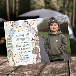Aufruf aller Drachen Wasserfarbe 1. Geburtstag Fot Einladung