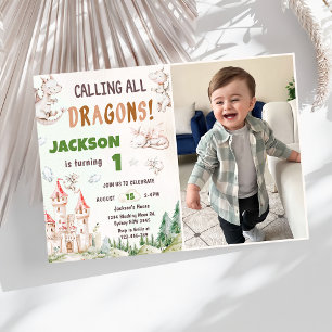 Aufruf aller Drachen Wasserfarbe 1. Geburtstag Fot Einladung