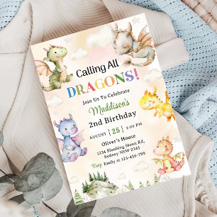 Aufruf aller Drachen Wasserfarbe 2. Geburtstag Einladung