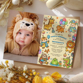 Aufruf an alle Partytiere Zoo Erste-Birthday-Foto Einladung