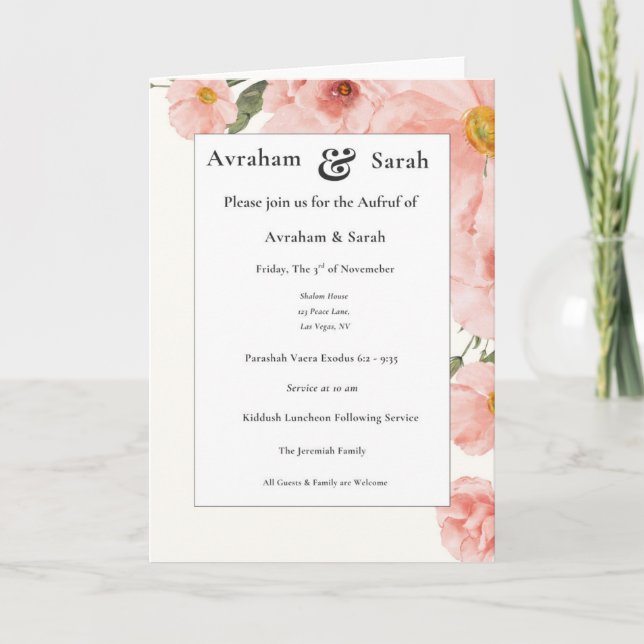 Aufruf Pink Watercolor Wedding Jewish Invitation Karte (Vorderseite)