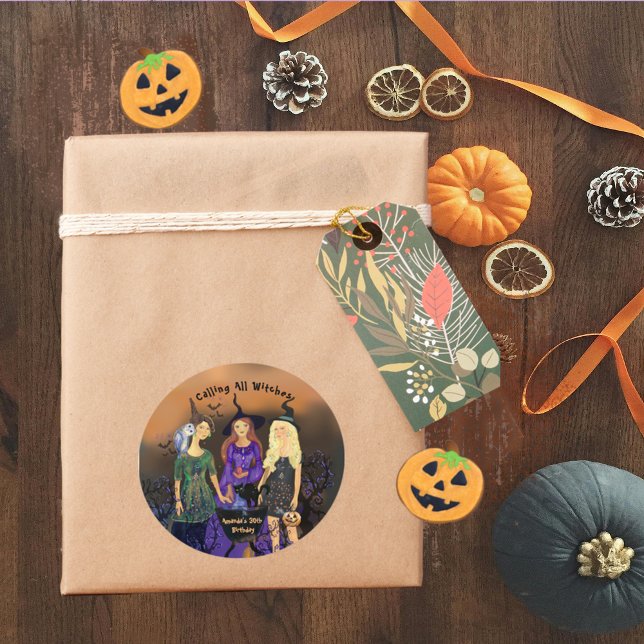 Aufrufen aller Hexen Halloween Geburtstag Runder Aufkleber (Calling All Witches Halloween Birthday Classic Round Sticker)