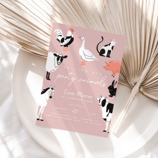 Aufrufen aller Party | Kinder in landwirtschaftlic Einladung (Calling All Party Animals! Modern pink invitation.)