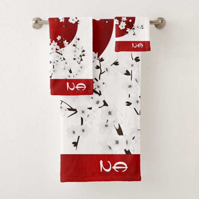Aufstieg Sun Cherry Blossom | Red White Monogram Badhandtuch Set (Insitu)