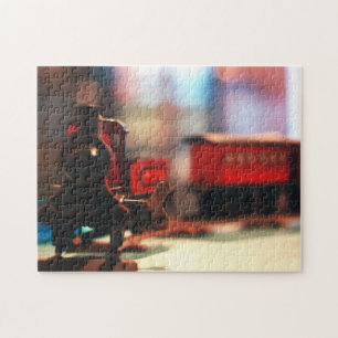 Aufziehbarer Zug mit altem, vintage Spielzeugwagen Puzzle