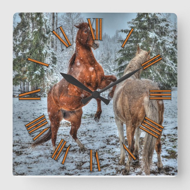 Aufzucht und Palomino Winterpferde Pferdeküche Fot Quadratische Wanduhr (Vorderseite)