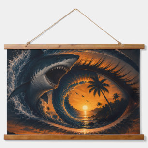 Auge der Welle – Surrealer Shark Sonnenuntergang W Wandteppich Mit Holzrahmen