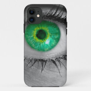 Auge mit grüner Iris betrachtet das Makro des View Case-Mate iPhone Hülle