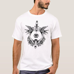 Augen-, Vögel-Herz-Schwert- und Rosen-Tätowierungs T-Shirt