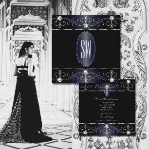 Augenfänge Schwarz-Blau Verzierte Ornamente Initia Quadratische Visitenkarte