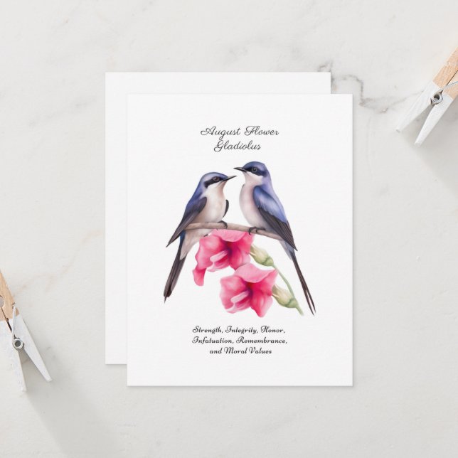 August Birth Monat Blume Gladiolus mit Vögeln (Vorderseite/Rückseite Beispiel)