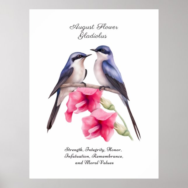 August Birth Monat Blume Gladiolus mit Vögeln Poster (Vorne)