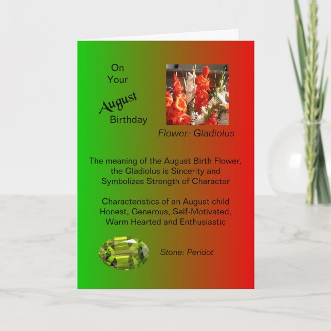 August Birthday Card - Gladiolus und Peridot Karte (Vorderseite)