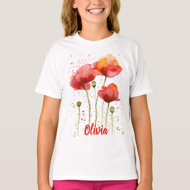 August Geburt Blume Rote Mohnblumen T-Shirt (Vorderseite)