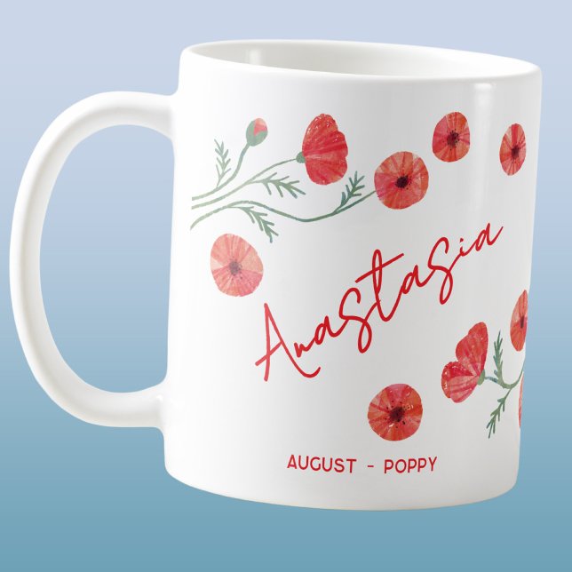 August-Geburtsblume mit individuellem Namen Mohn Kaffeetasse (August birthday month flower poppy watercolor art personalized custom name coffee mug gift)