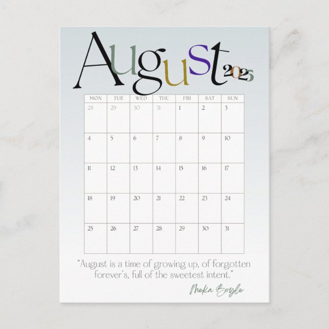 August Gray Modern Monthly Calendar 2025 Postkarte (Vorderseite)