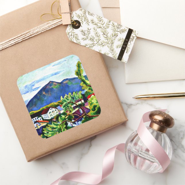 August Macke - Frühjahrslandschaft in Tegernsee Quadratischer Aufkleber (Schenken)