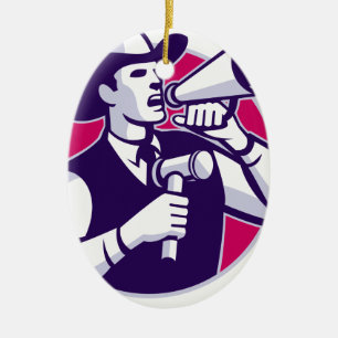 Auktionator-Cowboy mit Hammer und Megaphon Keramikornament