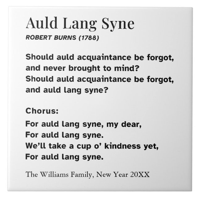 Auld Lang Syne Neujahrsparty-Worte Personalisiert Fliese (Vorderseite)