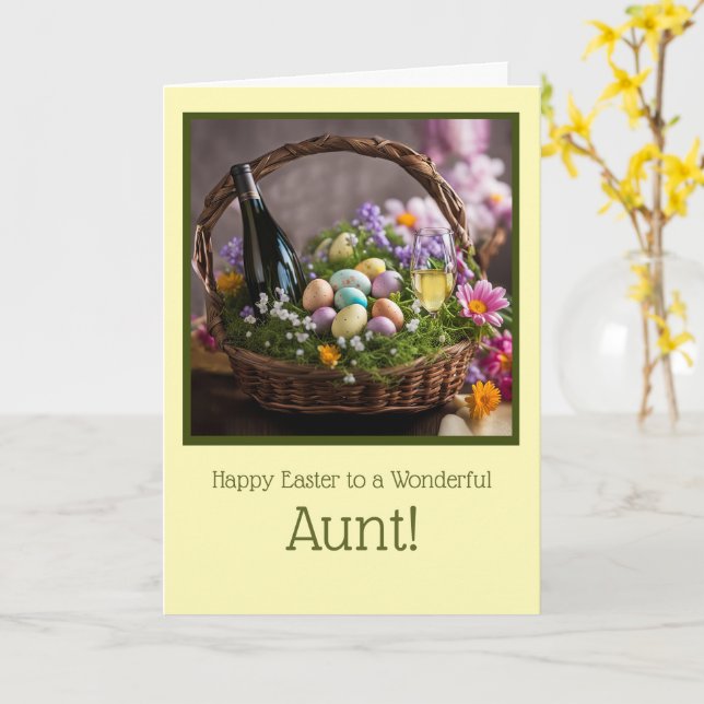 Aunt Happy Easter with Wine in Easter Basket Karte (Gelbe Blume)