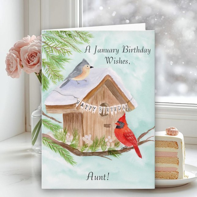 Aunt Happy January Birthday Birds Karte (Von Creator hochgeladen)