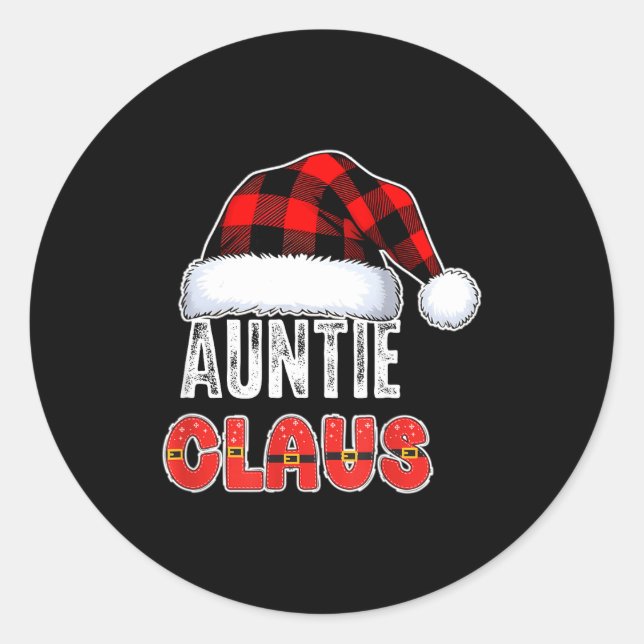 Auntie Claus Buffalo Plaid Red Santa Hat Christmas Runder Aufkleber (Vorderseite)