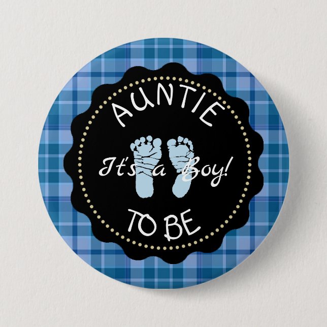AUNTIE to be Blue Kariert Baby Shower Taste Button (Vorderseite)