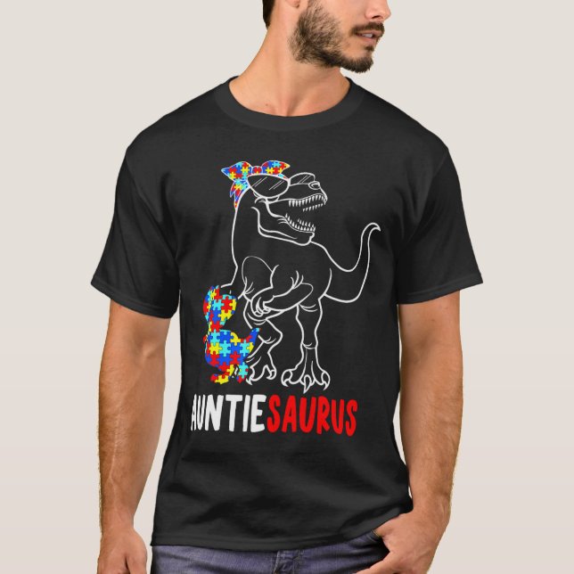 Auntiesaurus T Rex Dinosaur Autismus-Bewusstsein A T-Shirt (Vorderseite)