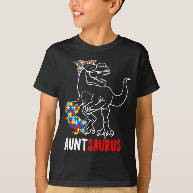 Auntsaurus T Rex Dinosaur Autismus-Bewusstsein Tan T-Shirt (Vorderseite)