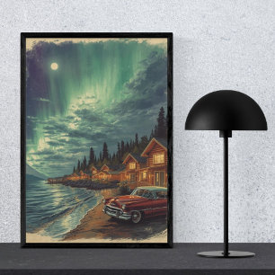 Aurora Bay - Nordlichter Vintage Retro Poster
