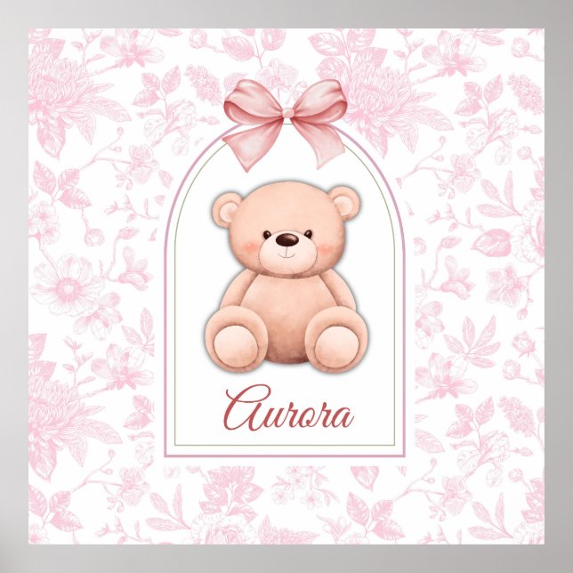Aurora | Benutzerdefiniertes rosa Teddy-Bär-Kinder Poster (Vorne)