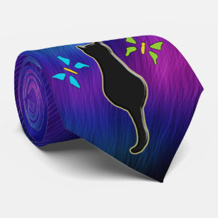 Aurora Borealis & Black Cat Silhouette & Butterfly Krawatte